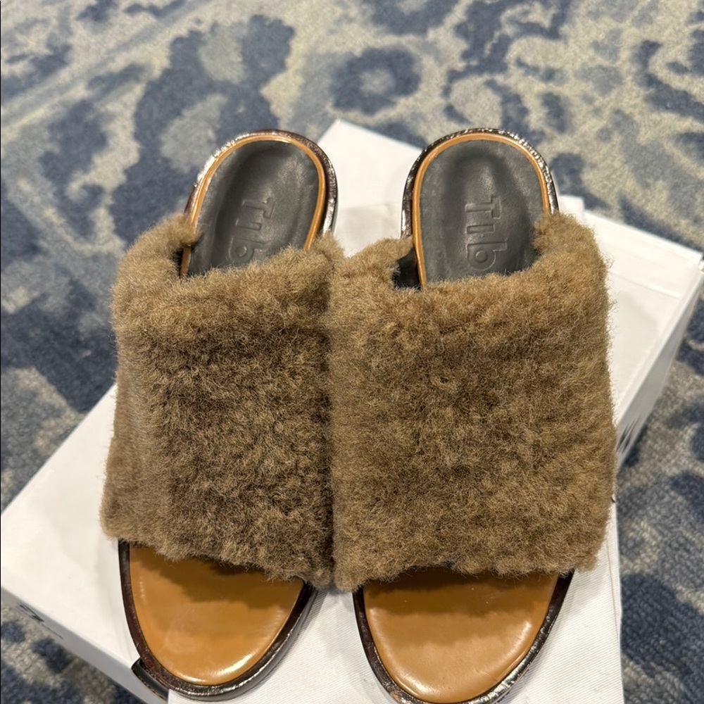Tibi Brown Fuzzy Mules with Open Toe Design